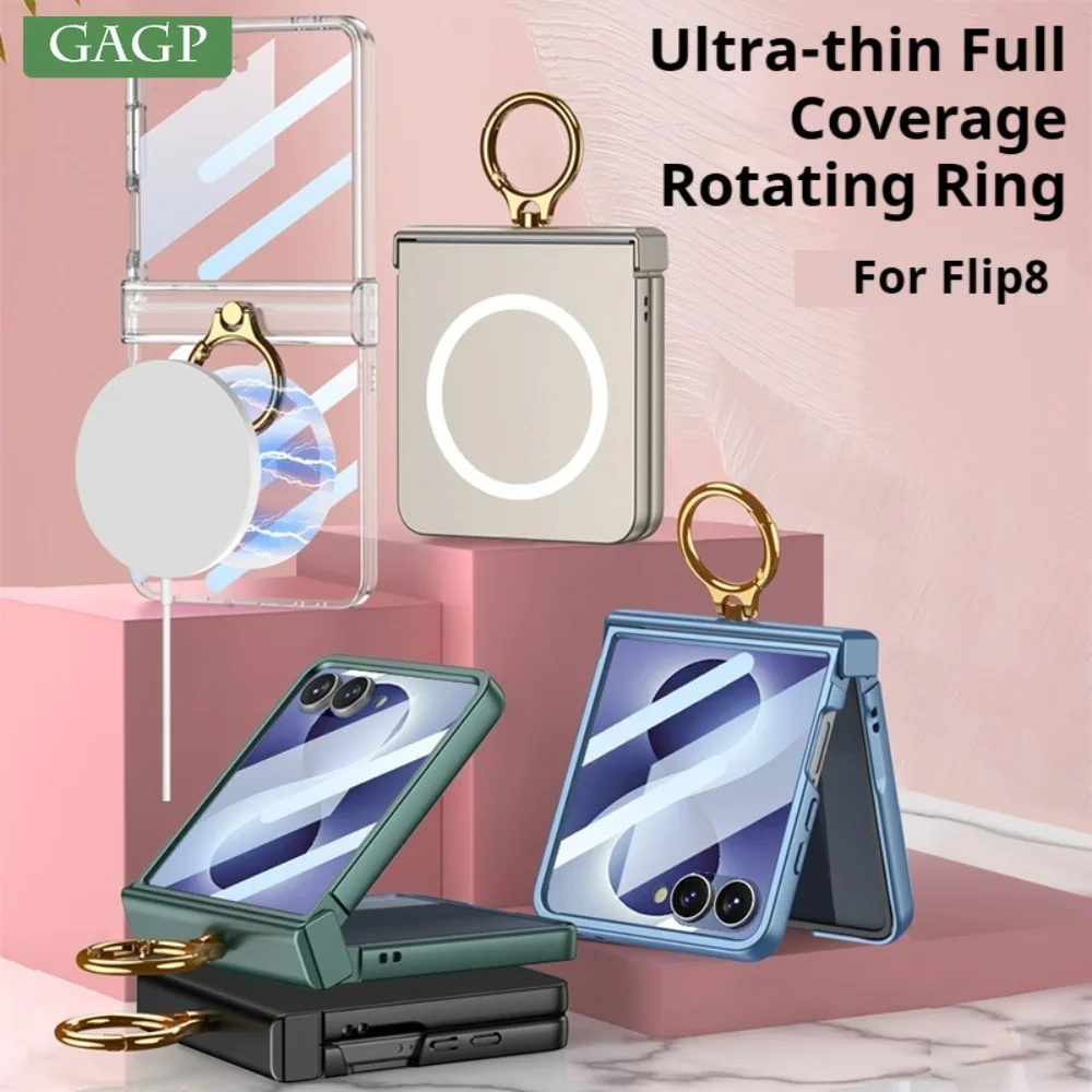 Luxury Metal Rotary Ring Holder for Magsafe Case for Samsung Galaxy Z Flip 8 Flip8 Hinge Solid Color Screen Protector Slim Cover