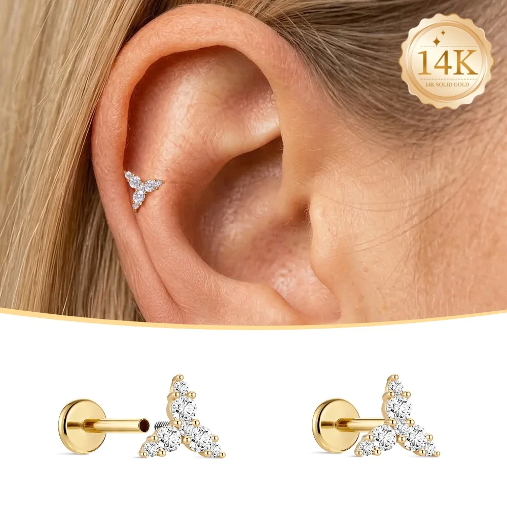 

AIDE Solid 14K Gold Stud Earrings for Women 6 CZ Wing Flat Back Piercing Stud Earrings Internal Thread Earring With Gift Box