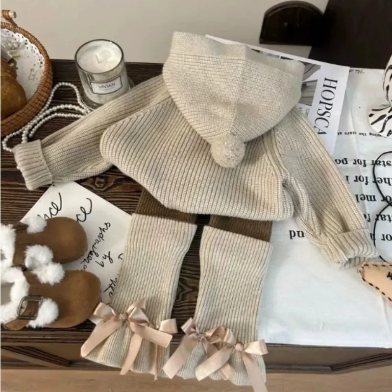 Korean Children's Clothing Set Solid Color 2025 New Autumn Hooded Knitted Sweater Woolen Base Pants Stacked Socks Two-piece Set