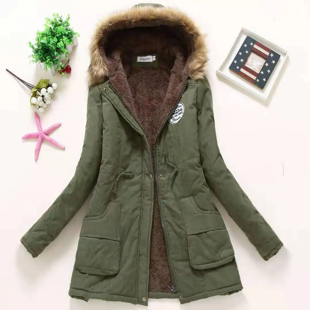 Spring Military Coats Women Elegant Slim Drawstring Parka Clothing Extra Size Cotton Padded Hoody ParkaJacket Snow Outwear