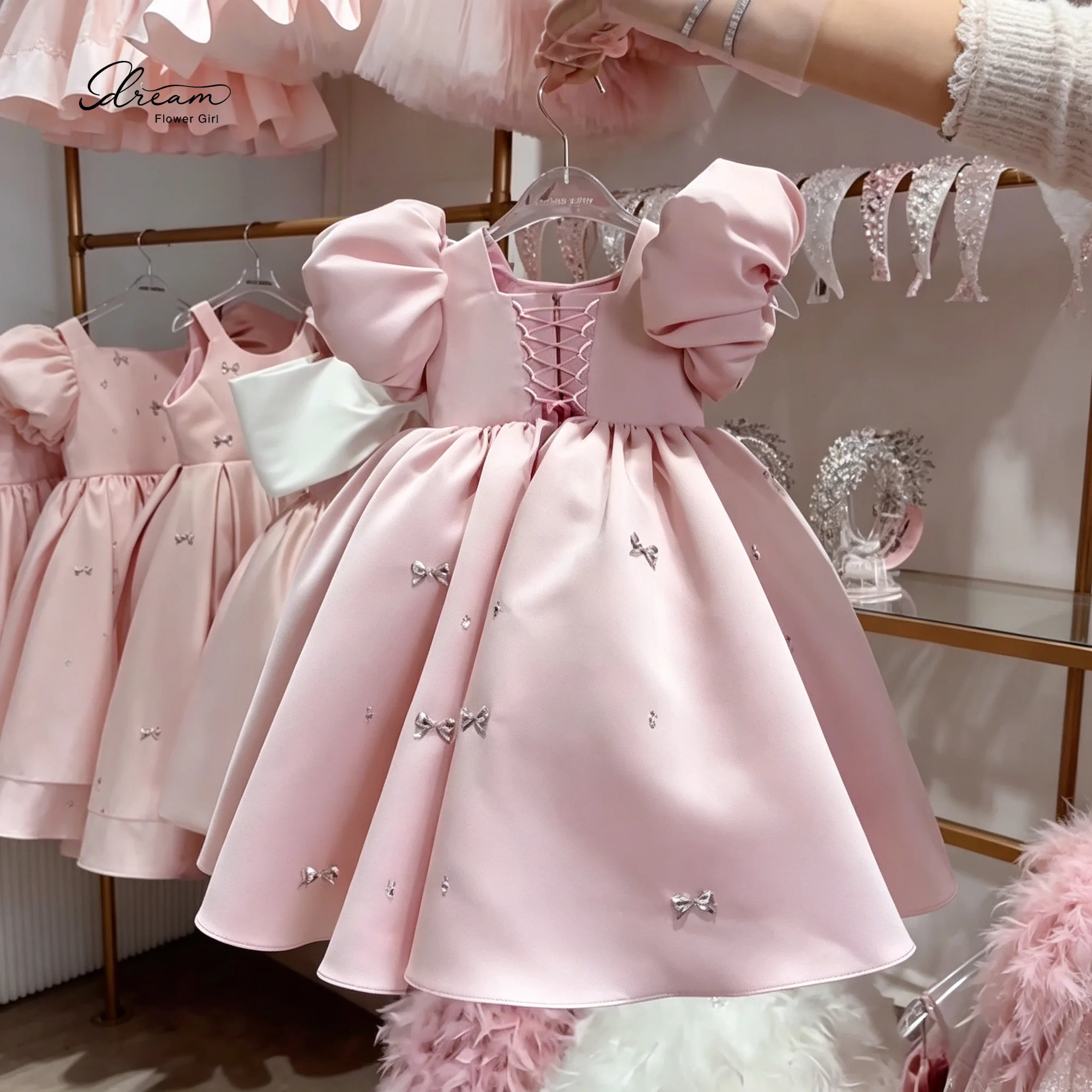 Pink Floor-Length Ball Gown with Cape Sleeves Princess-Style Formal Children's Dress with Front Bow Embellishment