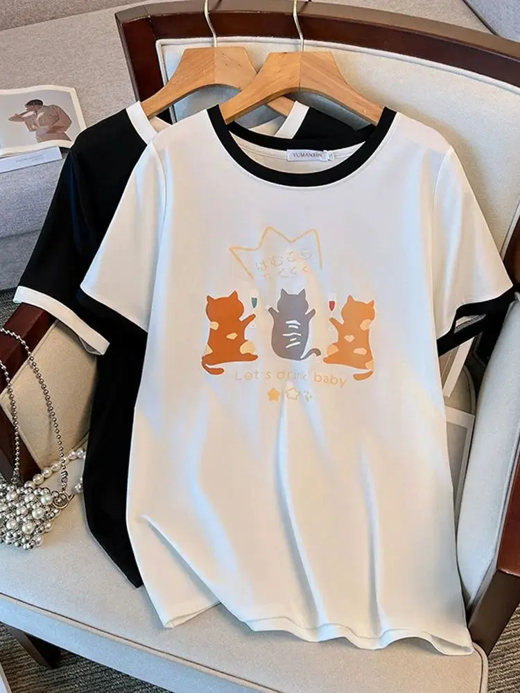 170Kg Plus Size Damski biust 170 Letni luźny T-shirt z krótkim rękawem Cartoon Cat Printed Czarny Biały 6XL 7XL 8XL 9XL 10XL 11XL — zdjęcie 2