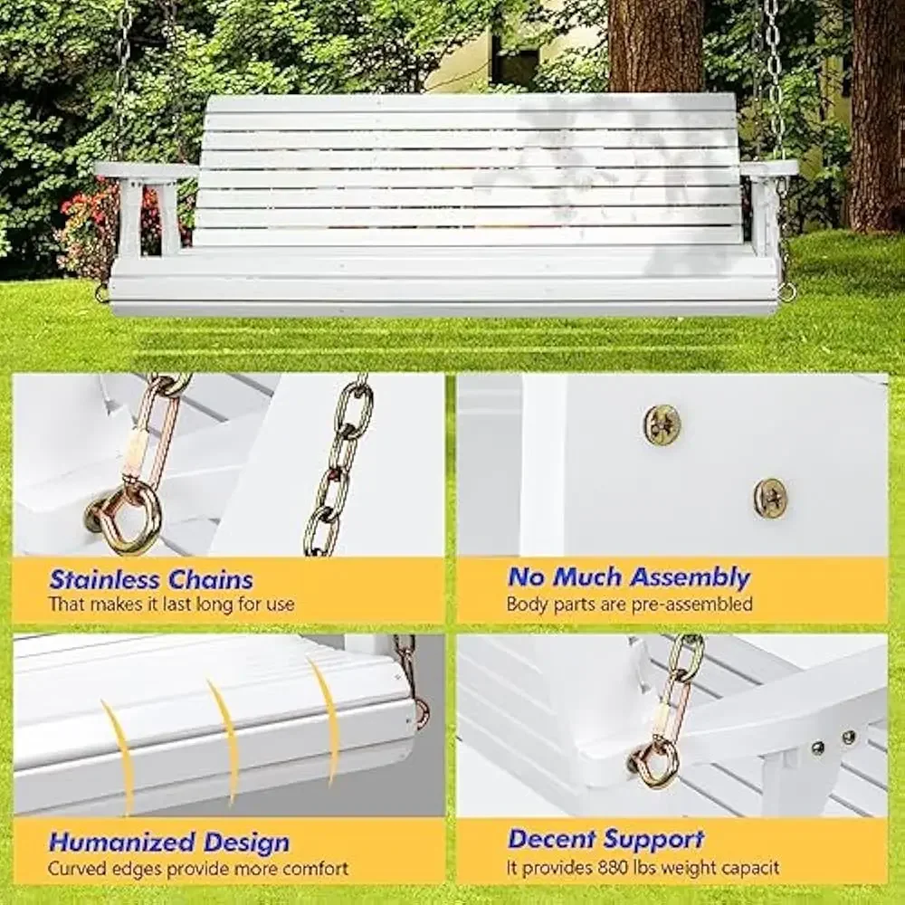 أرجوحة فناء مع سلاسل معلقة للفناء والحديقة، مقعد كرسي أرجوحة عالي التحمل بوزن 880 رطل، أرجوحة شرفة خشبية #5