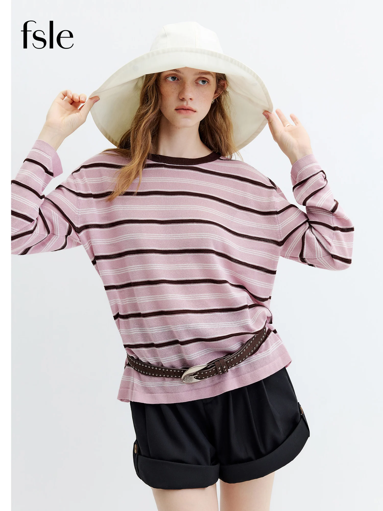 FSLE Korean Style Versatile Linen Striped Knit Top 2026 Autumn New Round Neck Long Sleeve T-shirt Leisure Loose Fit