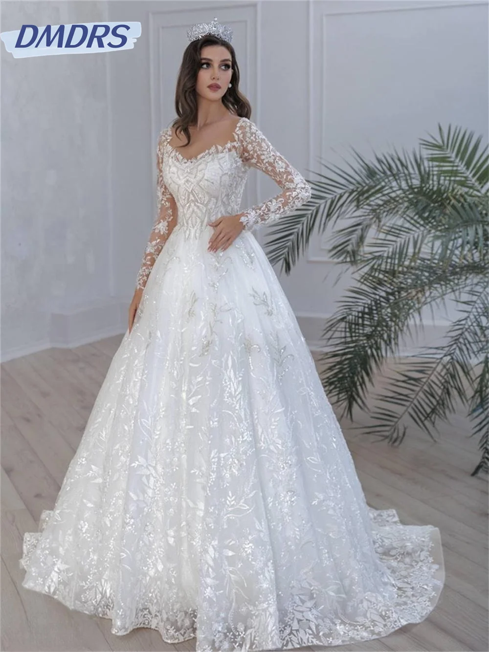 Gaun pengantin dengan manik-manik leher v seksi gaun pengantin panjang lantai lengan Applique berkilau gaun pesta dansa Tulle elegan Vestidos De Novia