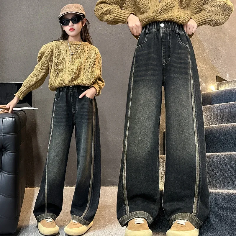 Casual Children's Jeans for Girls Spring Autumn Denim Pants Elastic Waist Teenage Kids Jeans Wide Leg Trousers for 6 8 10 12 Yrs