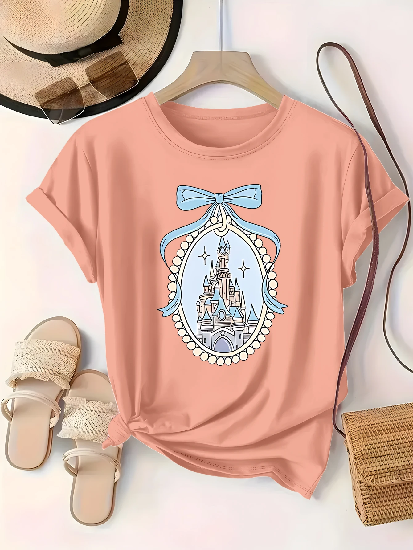 

Плюс размер 1xl-5xl Футболка с коротким рукавом Женская одежда оверсайз | Сказка Замок Лук Рамка Графика