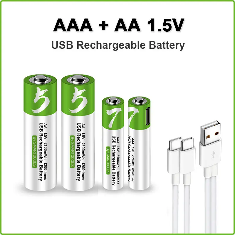 AA + AAA USB Rechargeable battery 1.5V AA 2600mWh/AAA 750mWh li-ion batteries for toys watch MP3 player thermometer+TYPE-C Cable