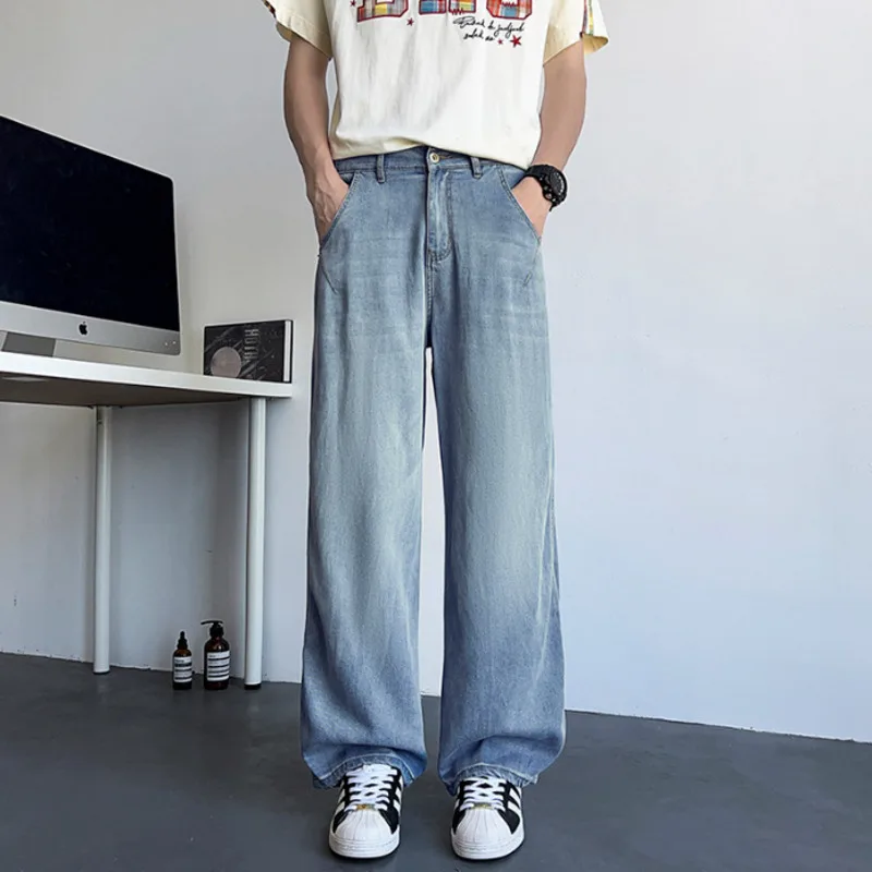 2025 new summer men's thin straight leg American jeans trendy brand loose casual versatile simple solid color pants BY103