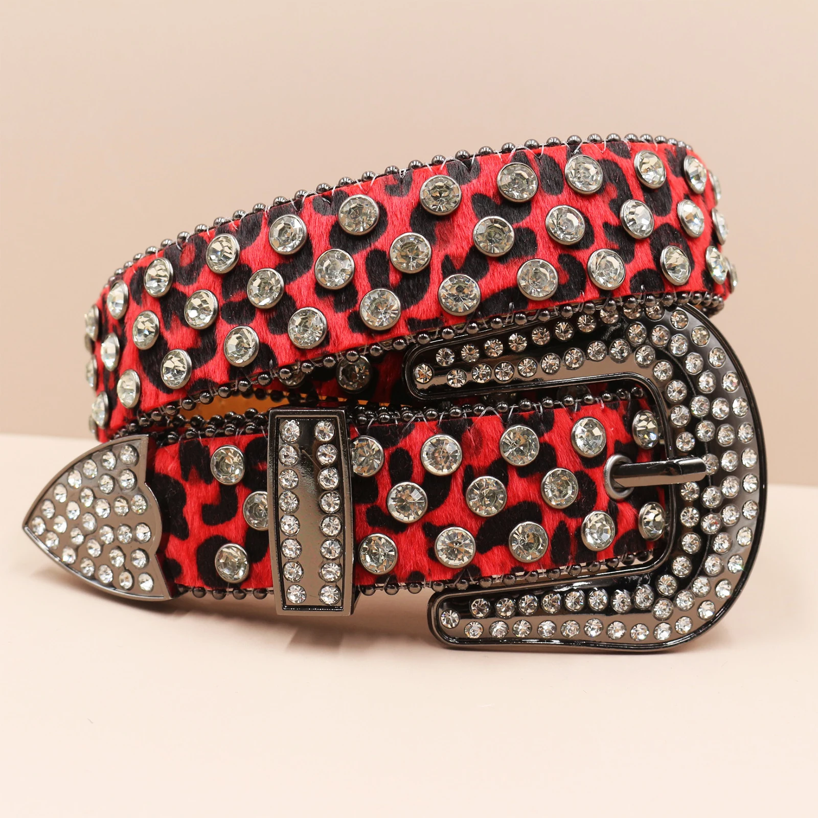 أحزمة فاسق الغربية مرصعة بأحجار الراين حزام بنج مرصع بالجلد Cinturones Para Mujer Y2K كاوبوي فريد بطباعة الفهد للرجال والنساء