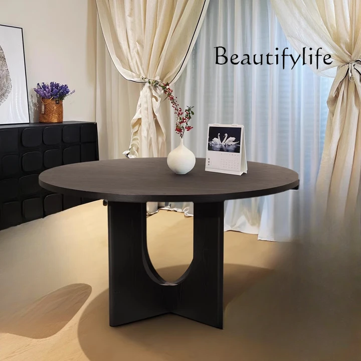 Wabi Sandy Wind Solid Wood Round Dining Table White Wax Wood Medieval Black Dining Table Small Unit Simple Dining Table