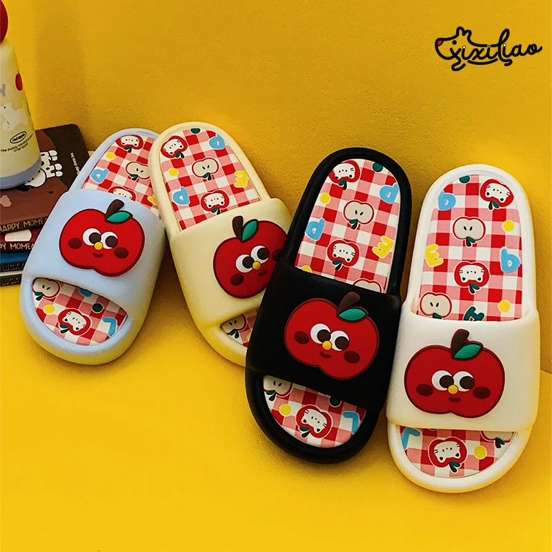 XIXITIAO Bathroom Slippers For Women Fashion Cartoon Cute Red Apple Color Blocking Comfortable Soft Non-slip Platform Home Shoes