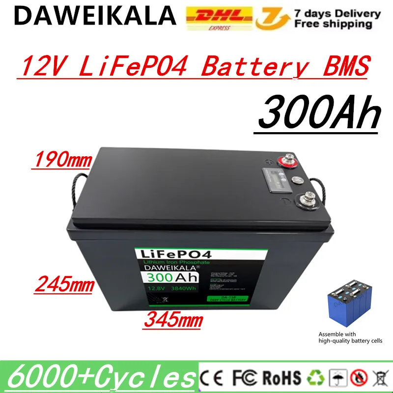 

12 В 300 Ач LiFePO4 Батарея BMS Литиевые аккумуляторы 6000 циклов для кемперов RV 12,8 В Гольф-кар Внедорожный внедорожный солнечный ветер