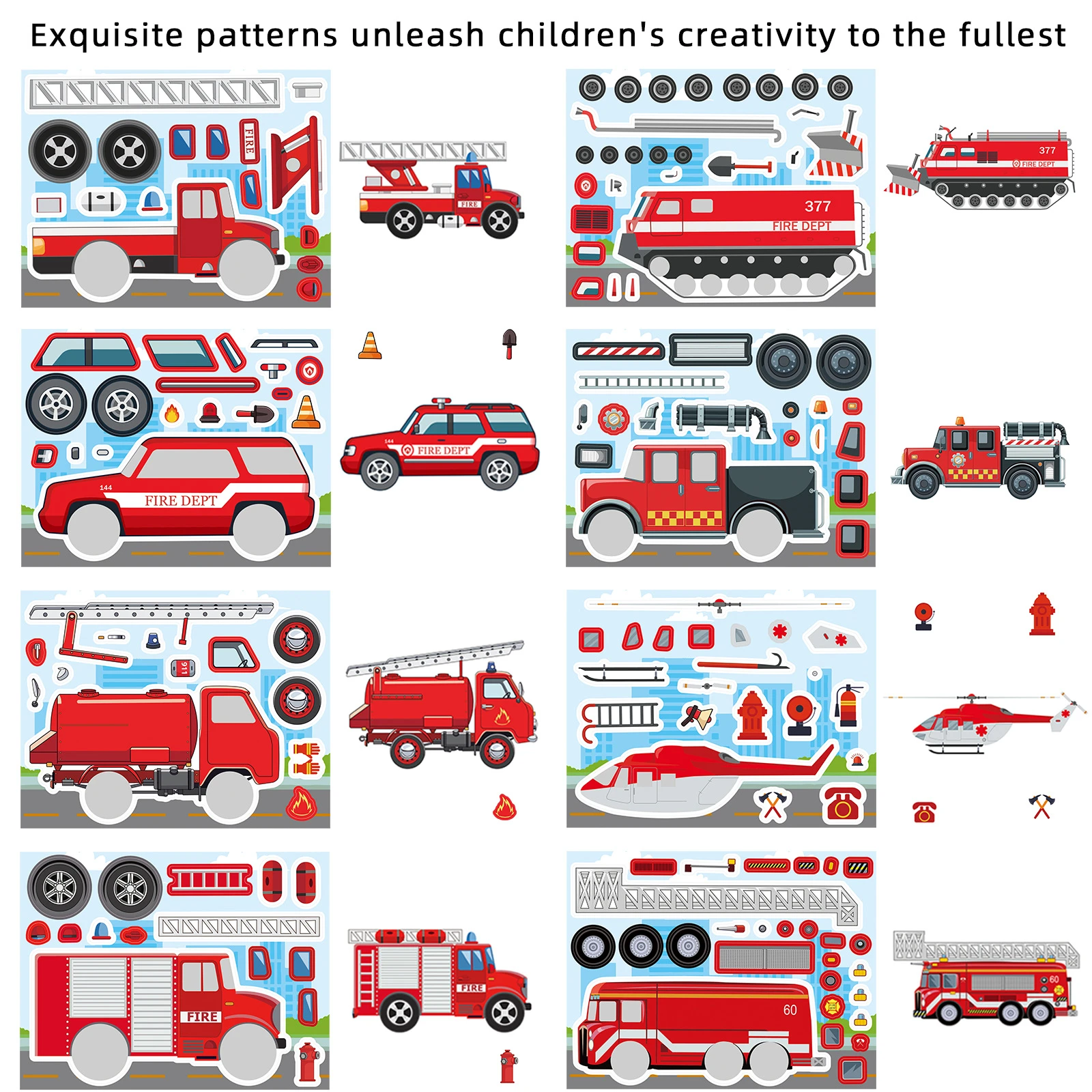 16Sheets Fire Truck Puzzle Graffiti Stickers Rescue Vehicle DIY Guitar Phone Laptop Suitcase Water Cup Skateboard Decals