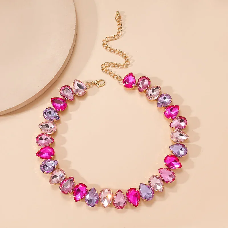 FYUAN Water Drop Colorful Crystal Choker Necklaces for Women Geometric Clavicle Chain Necklaces Statements Jewelry