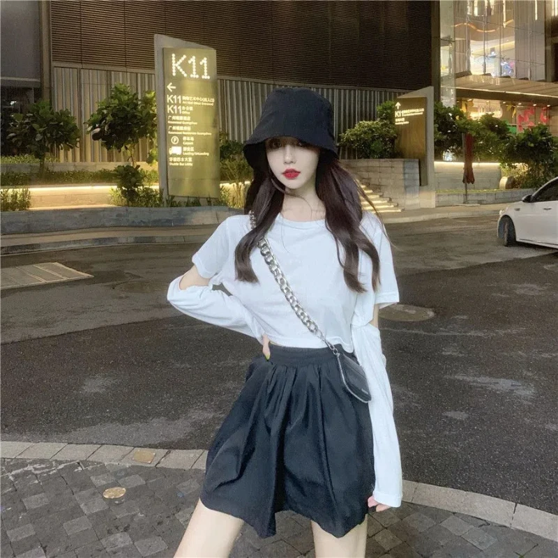 Spring Summer New Fashion All-match Short T Shirts Long Sleeve Hollow Out Solid Color Loose Tops Tees Trend Casual Women Clothes