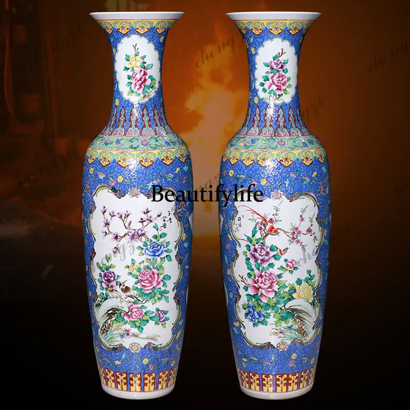 Jingdezhen ceramics antique pastel floor-to-ceiling large vase flower blooming rich ornament living room