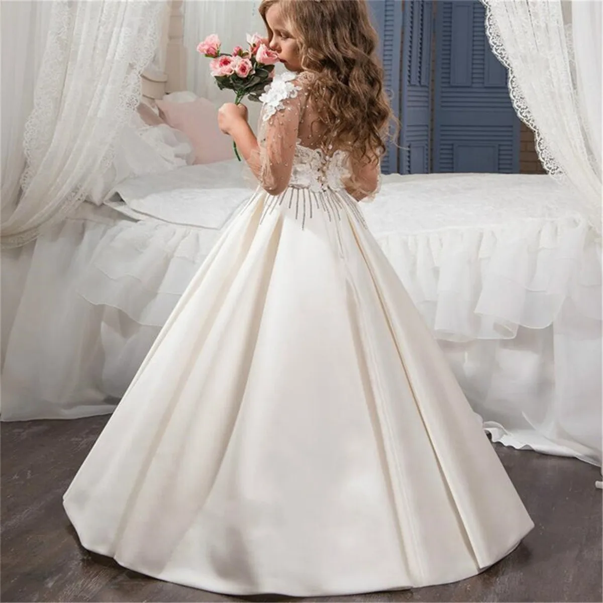 Flower Girl Dresses Elegant Satin Lace Applique Pageant Gown  For Little Girl First Holy Communion Birthday Party Dresses