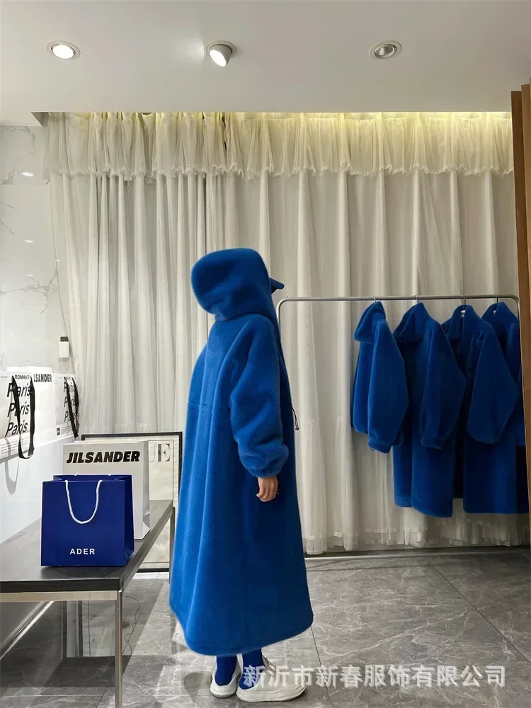Winter Long Oversized Warm Thick Blue White Fluffy Faux Fur Coat Women with Hood 2022 Loose Casual Korean Style Fashion