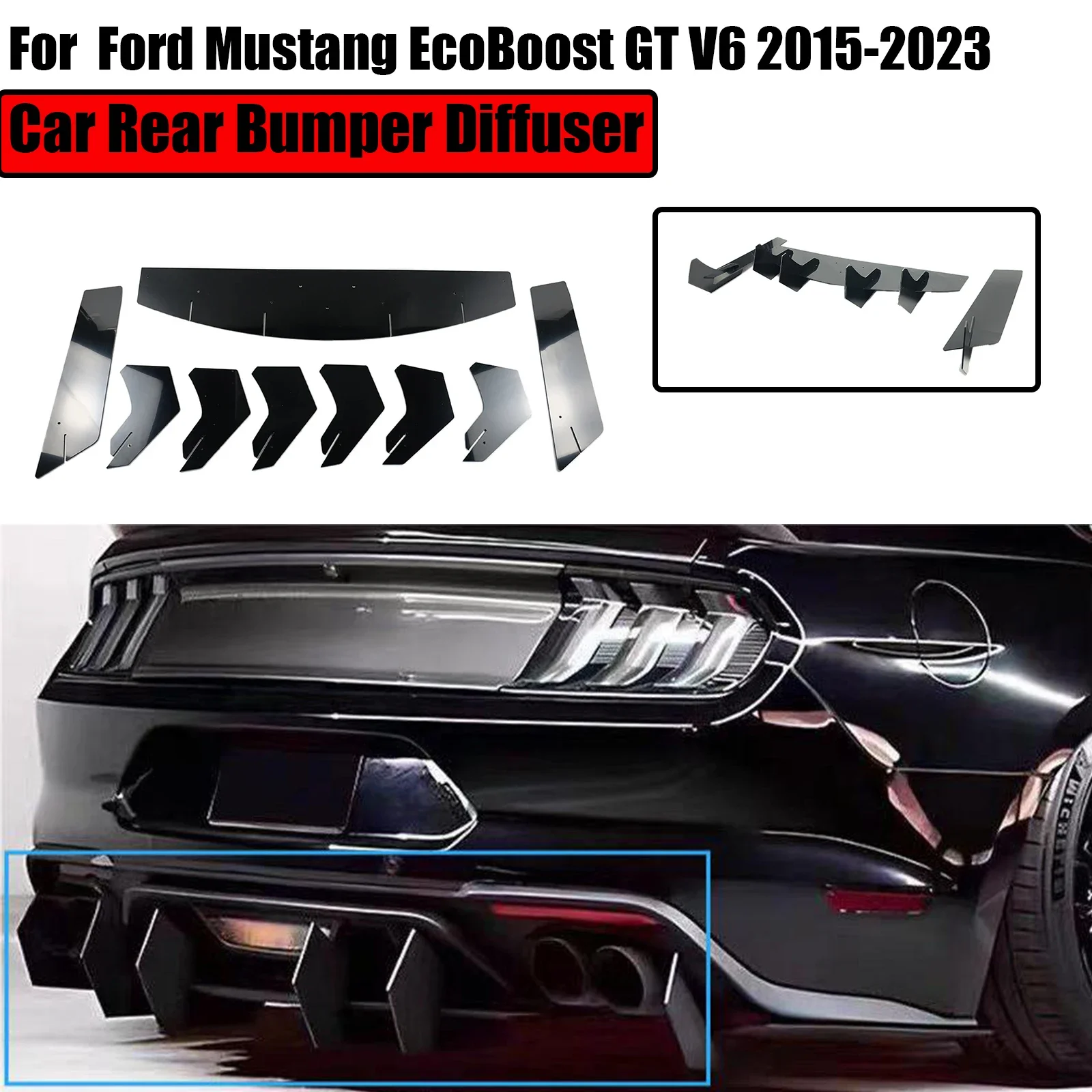 

For Ford Mustang EcoBoost GT V6 2015-2023 Car Rear Bumper Diffuser With Wrap Angle Spoiler Splitter Diffuser Body Kit Black