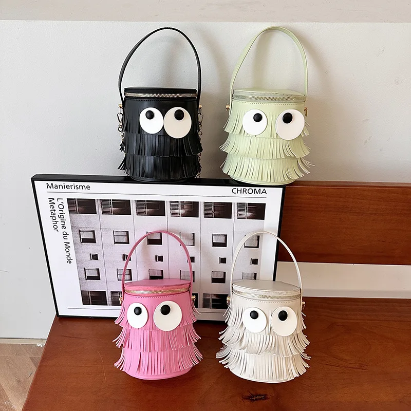 Cartoon Cute Eye Handbags for Women 2024 New Unique Creative Small Bag Fashion Leather Tassel Barrel Shaped Woman Shoulder Bag