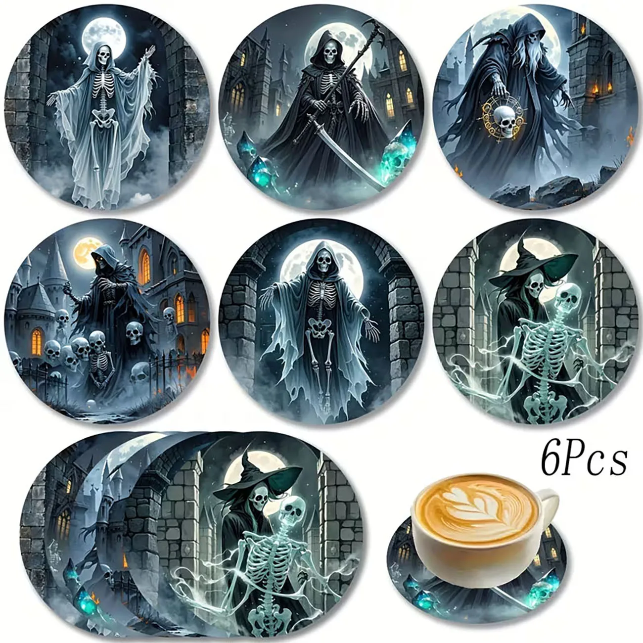 6Pcs Wooden Round Heat Insulation Drink Coasters Halloween Skeleton Grim Reaper Pattern Tabletop