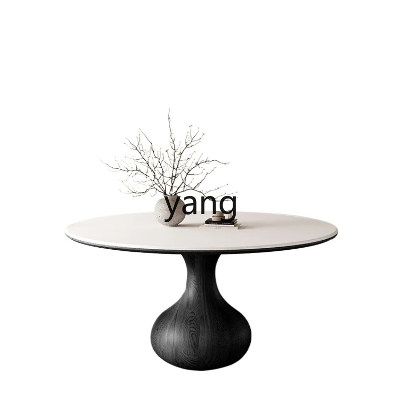

LMM retro wind rock slab dining table with turntable household small apartment black modern simple solid wood round table