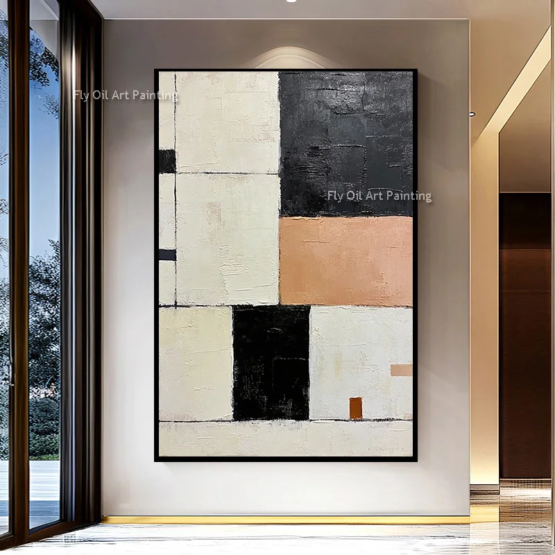 

Черно-бежевая абстрактная картина в стиле симплисм, ручная работа, оригинальный дизайн, цветовые блоки в желтом, красном и синем цветах, масляная живопись на холсте для декора комнаты