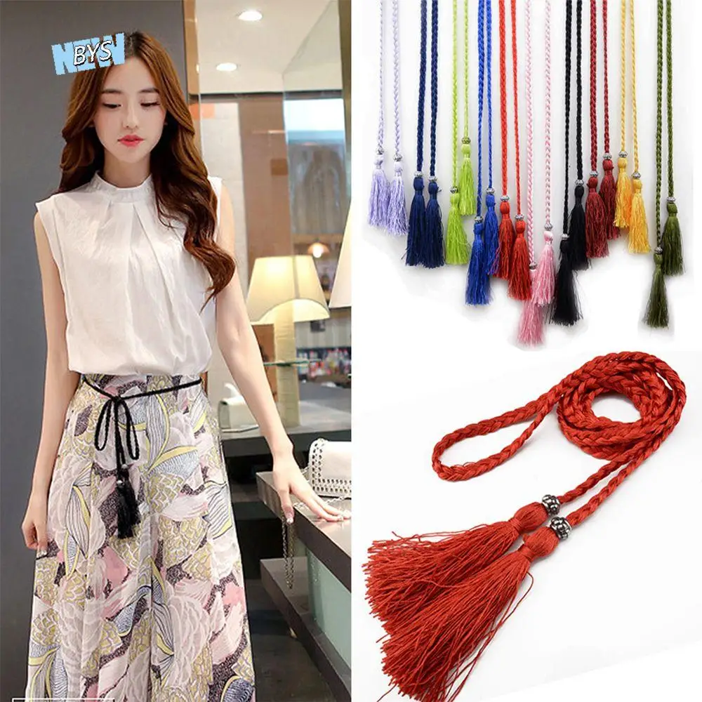 

Thin 160cm Dress Woven Rope Waistband Bow Braided Belts Waist Chain Tassles Belts Waist Rope
