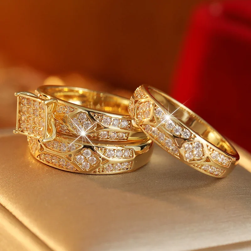 3pcs/set Ladies' Luxurious Golden Plated Ring Set Hollowed Out Patterns Covered in Cubic Zircon Shining Ring Charm Jewelry