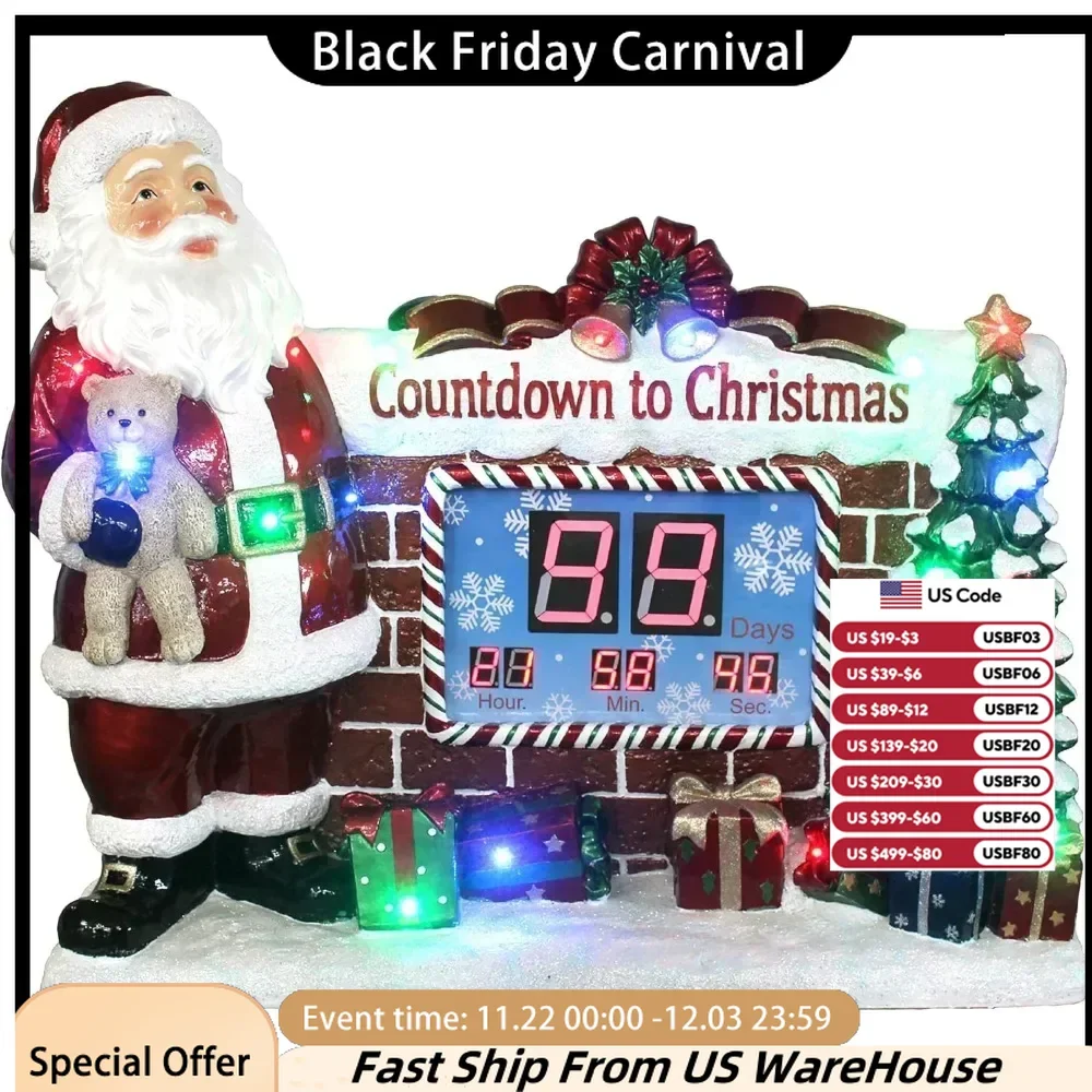 Santa Claus Countdown Clock 2024 Christmas Decoration  Christmas 18 multi-color LED lights   water-resistant holiday statue