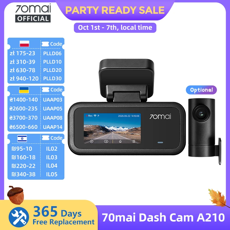 【Nowość】Kamera samochodowa 70mai A210 1080P HDR z noktowizorem, obsługą dwukanałowego rejestracji, superkondensatorem, wbudowanym GPS, Wi-Fi6 i 24-godzinnym monitoringiem parkowania