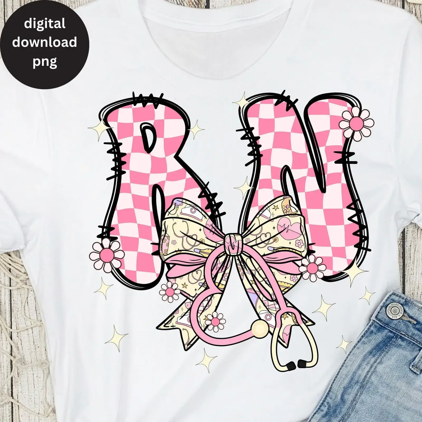 Pink Checkered Coquette RN Bow PNG Retro Registered Nurse Sublimation Design for Nursing T Shirt Cute Medical Life vintage