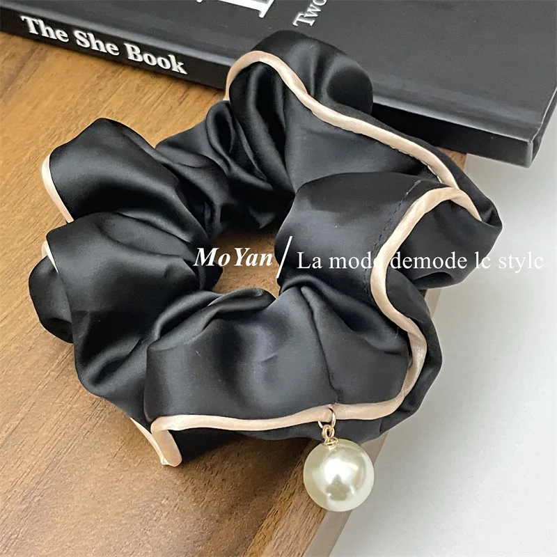 Satin Silk Scrunchies for Hair with Pearls Hairties Elastic Sweet Temperament Fashion Exaggerated Hair Band Hair Accessories