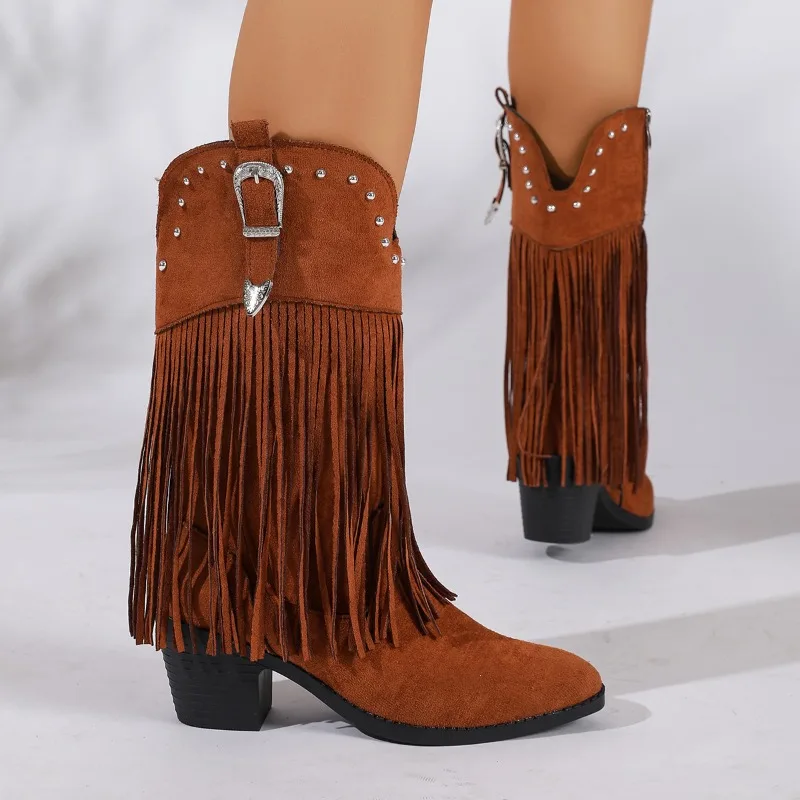 Women Tall Western Cowboy Boots 6.5cm Block Heel Pointed Toe Long Tassel Rivet Buckle Retro Cowgirl Festival Boots