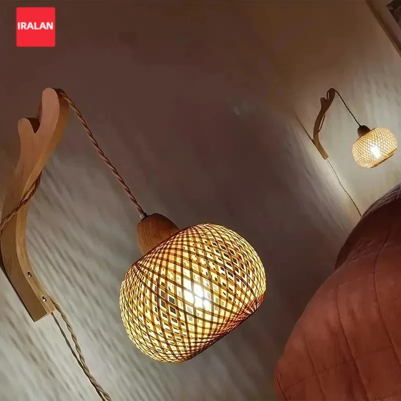 IRALAN Retro Bohemian Bamboo Wall Light E27 Bulb Holder Hand Woven Craft Lighting for Bedroom Living Room Cafe Interior Decor