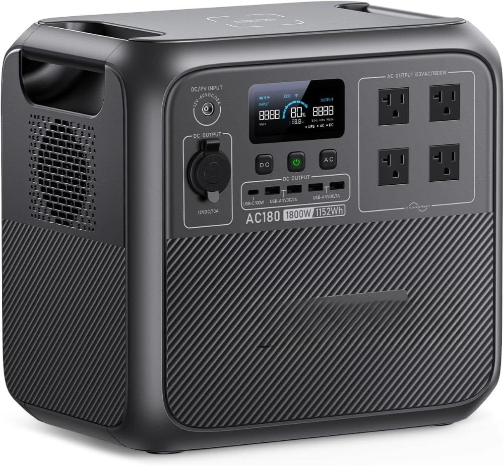 

Solar Generator AC180, 1152Wh LiFePO4 Battery Backup w/ 4 1800W (2700W peak) AC Outlets, 0-80% in 45Min, for Camping, Off-grid,