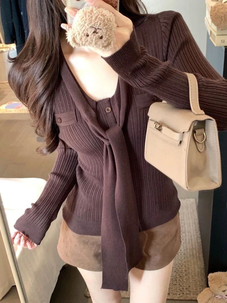 

Korean Style Long Sleeve Knitted Sweater Women's Design Belted Base Shirt Top V-neck Short Length Color Fashion Early A...
