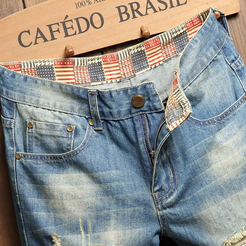 新しいリッピングストリートヴィンテージデニムショーツメンズ夏のヒップホップファッション穴スリム男性ショーツブランド服ストレートショートジーンズ