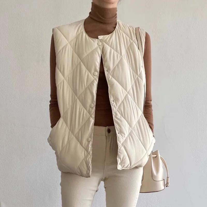 Chaleco Beige Simple para mujer, chaqueta versátil de algodón cálida con rejilla de diamantes holgada para otoño e invierno