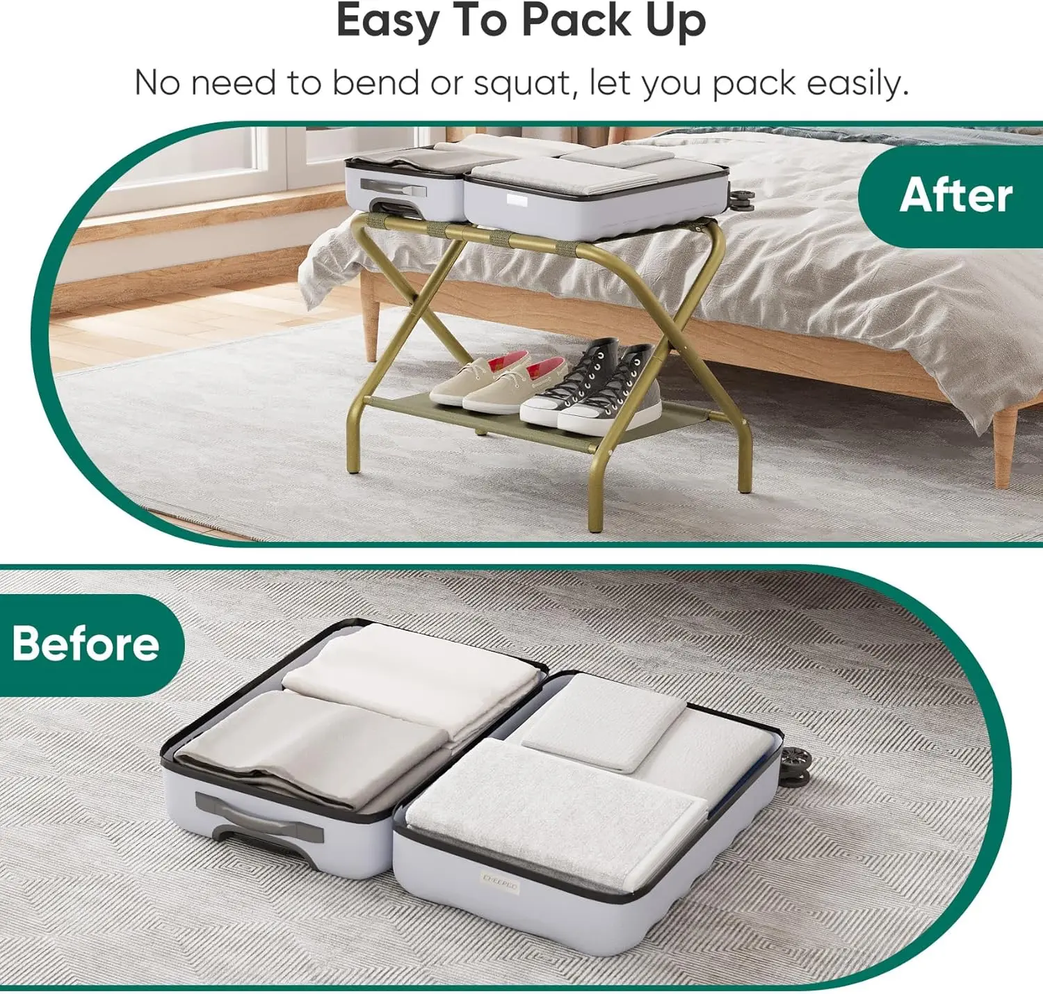 Foldable Luggage Rack with Storage Shelf, 4 Straps for Bedroom Hotel Guest Room Suitcase Stand