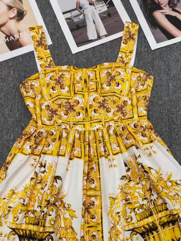 Fashion yellow flower porcelain printed corset cup suspender dress 2024 summer women's new waist swing long A-line skirt