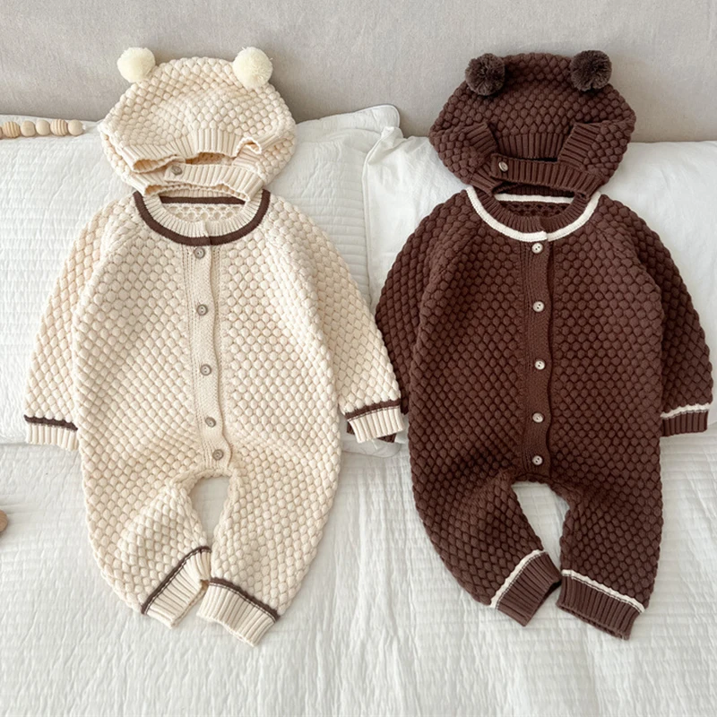 New Climbing Suit Infant Baby Boys Girls Long Sleeve Knitting Jumpsuit+Hat Autumn Spring Newborn Knitting Bodysuits