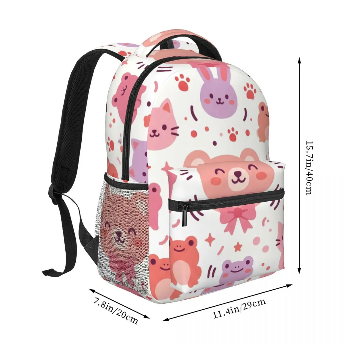 Cartoon Animal School Backpack Center Cat Bunny Bear Frog Y2K Coquette Pink White Fashion Daypack for College Travel Gift Cozy