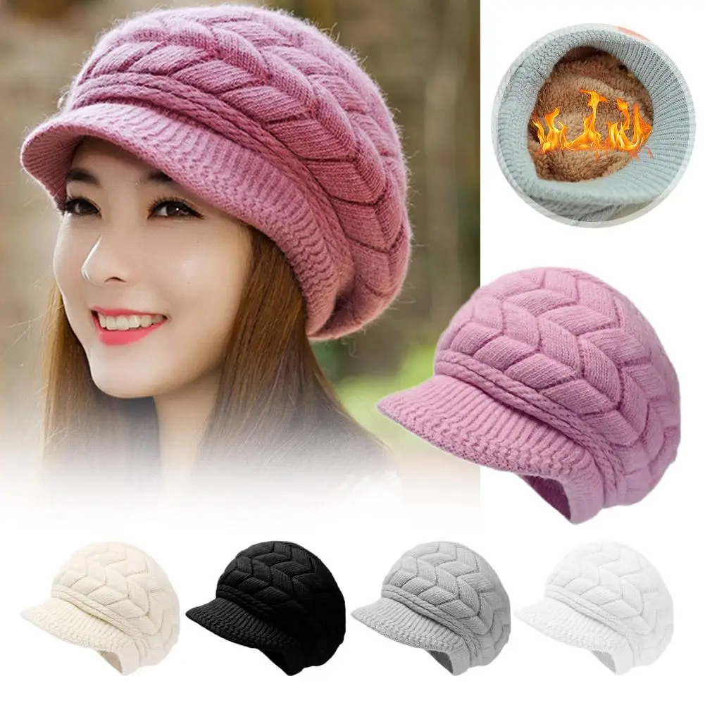 Women's Winter Solid Color Warm Knit Loose Beret Casual Ear Hat Knit Velvet Peaked Guards Version Beret Plus Korean Thick S W9t1