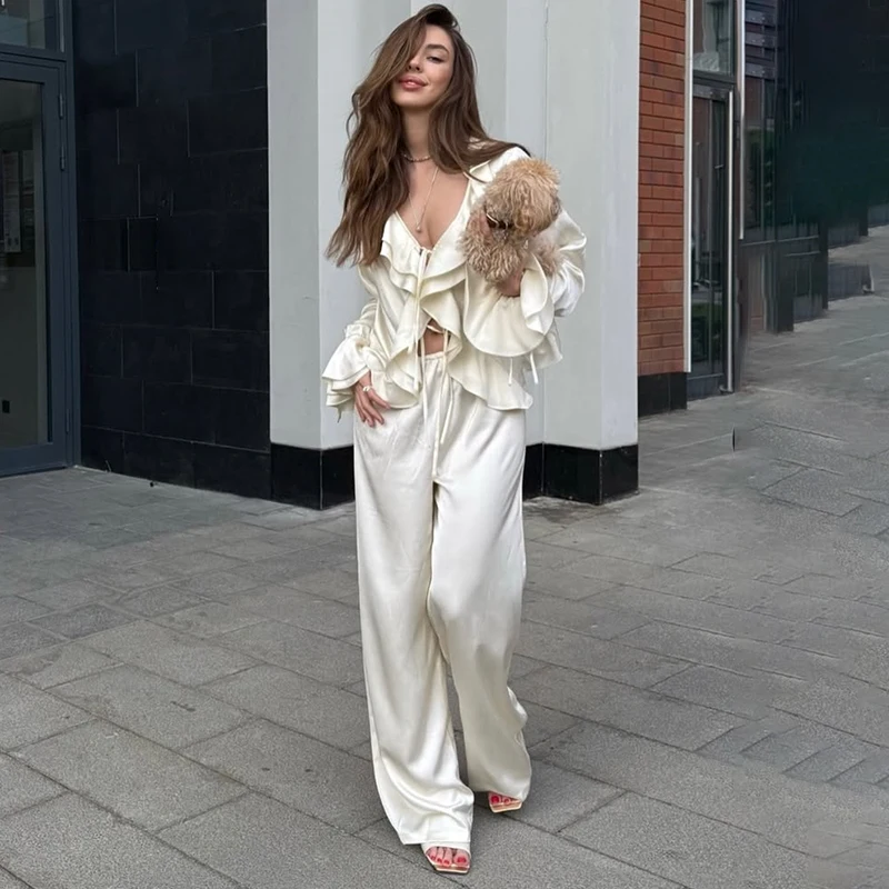 Tornova Rüschen Breite bein Hosen Zwei Stück Set Weibliche V-ausschnitt Langarm T-shirt Spitze Up Hohe Taille Lose frau Casual Anzug Solide