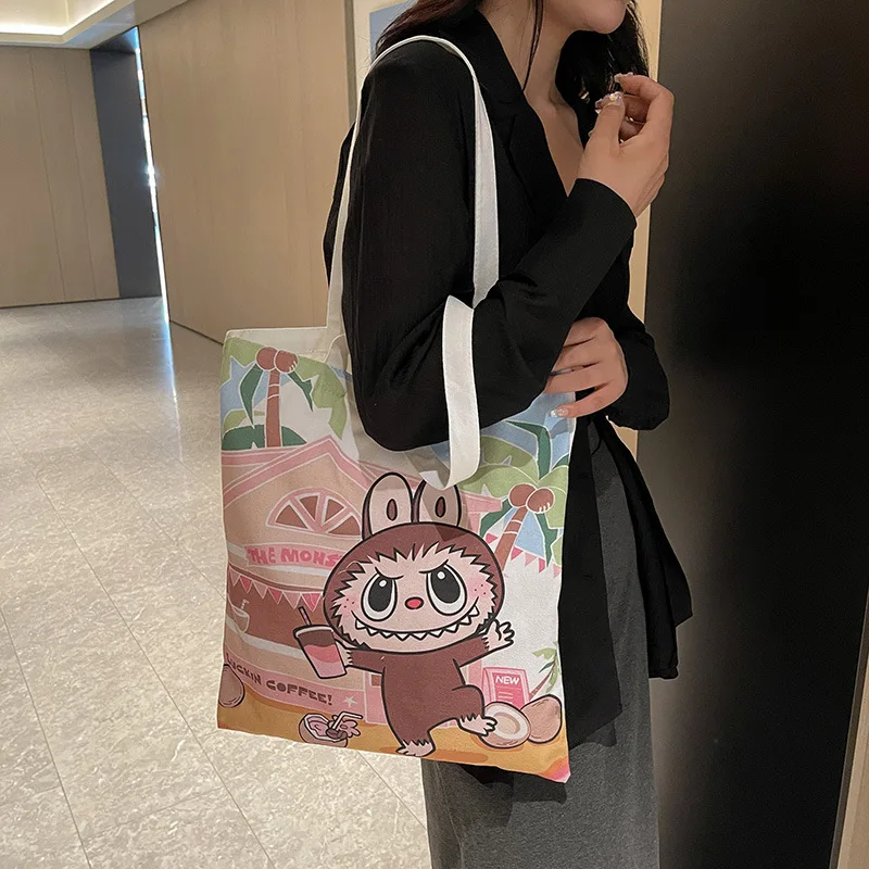 Labububu student cute cartoon tutoring tote bag canvas bag large-capacity shoulder bag trendy printed shopping bag