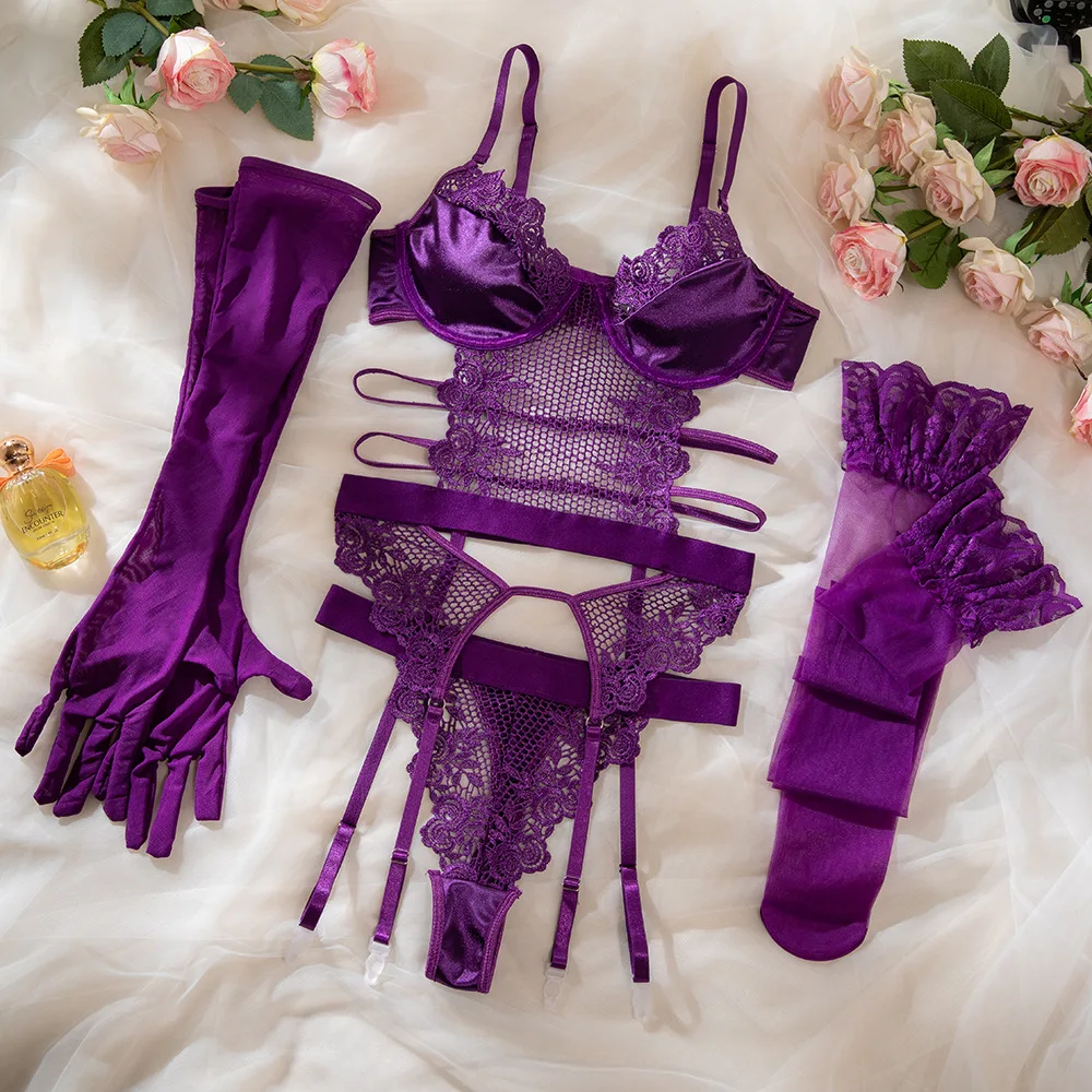 Ensemble de lingerie violet pour femmes, voir à travers, corset sexy, string, string, string, string, dentelle, sexe, sous-vêtements féminins,