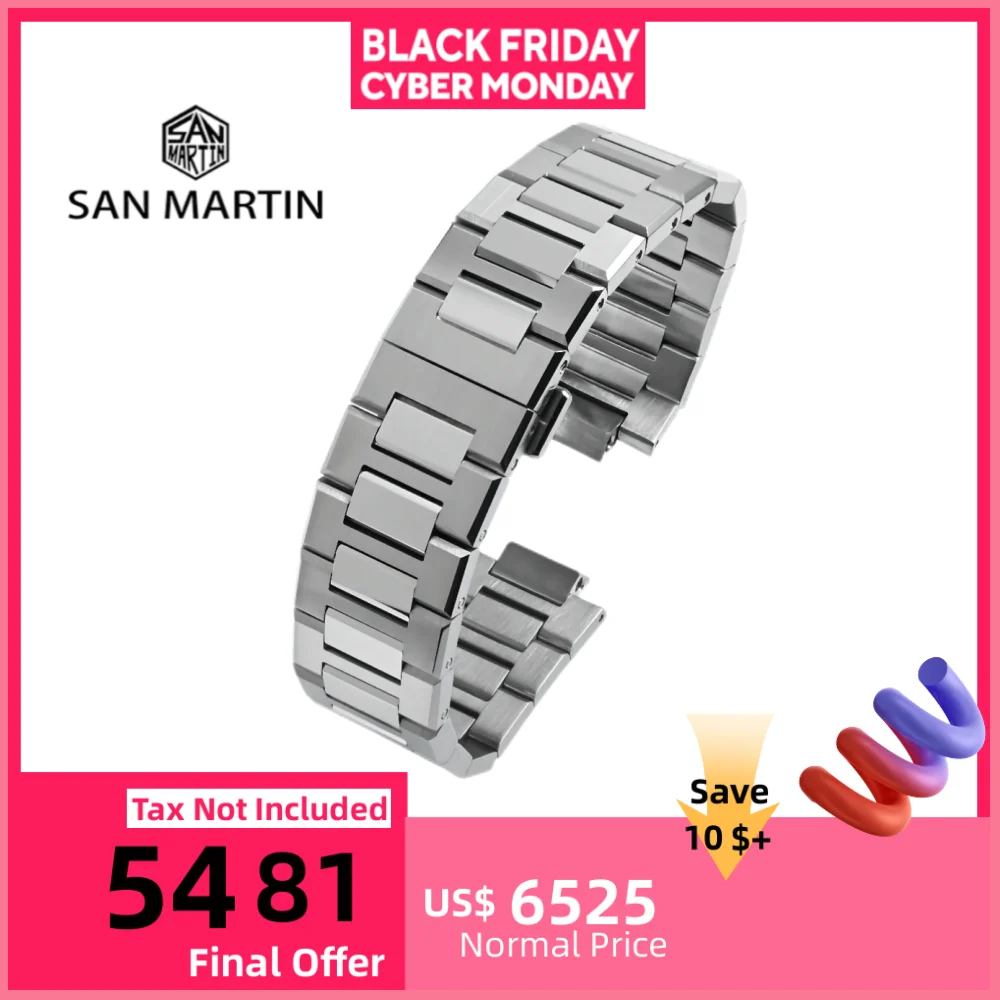 

San Martin 20mm Durable Solid 3-Link 316L Stainless Steel Watch Bracelet Hidden Butterfly Clasp ремешок для часов For SN0026