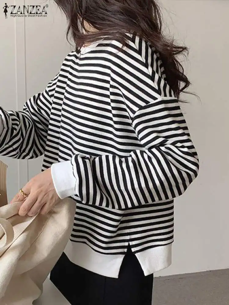 Holiday 2024 Colorblock Tunics ZANZEA Women Long Sleeve Tops Fashion Autumn Stripe Printed Blouse Korean Version Causal Hoodies